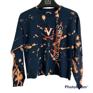 UVA Navy Bleached Tie-Dye Long Sleeve Cropped T-Shirt - Cavaliers - Size YXL
